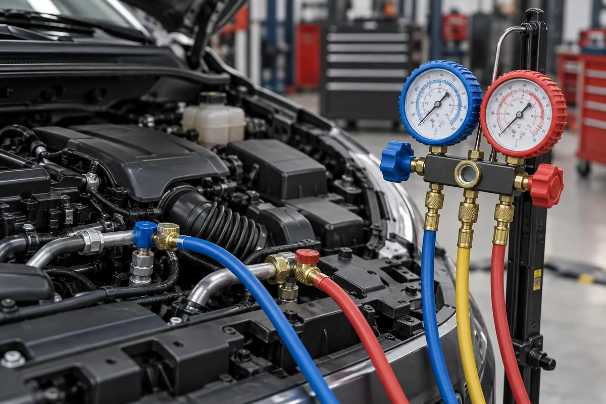 Air conditioning service gauges beside an engine bay