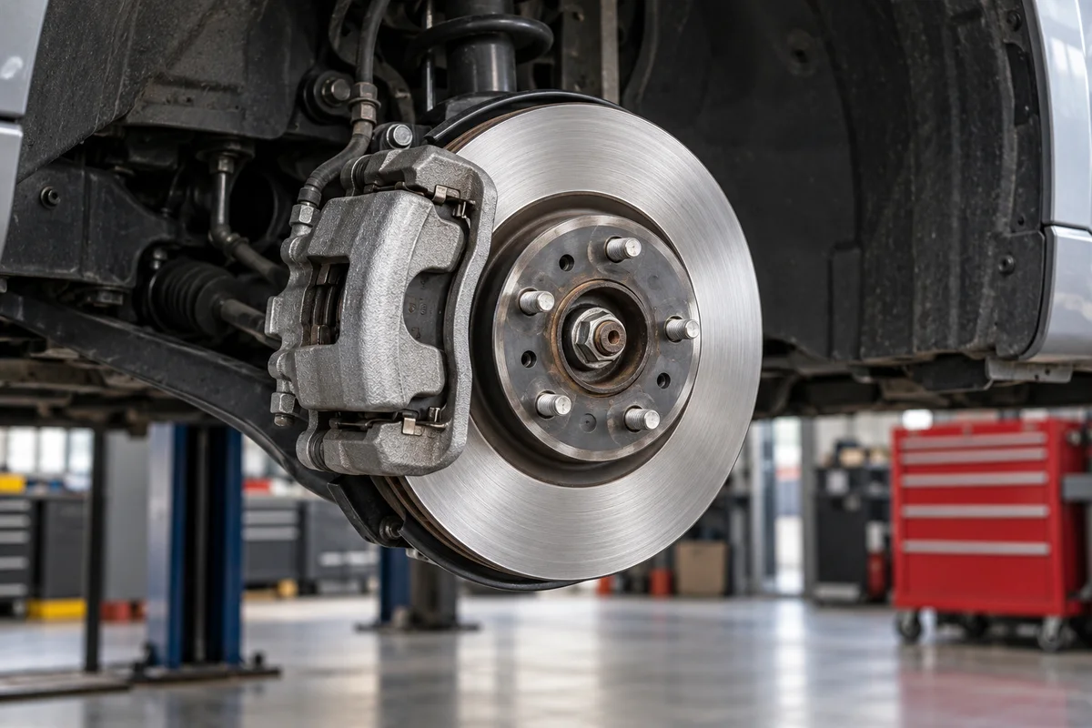 Brake rotor and caliper with the wheel removed