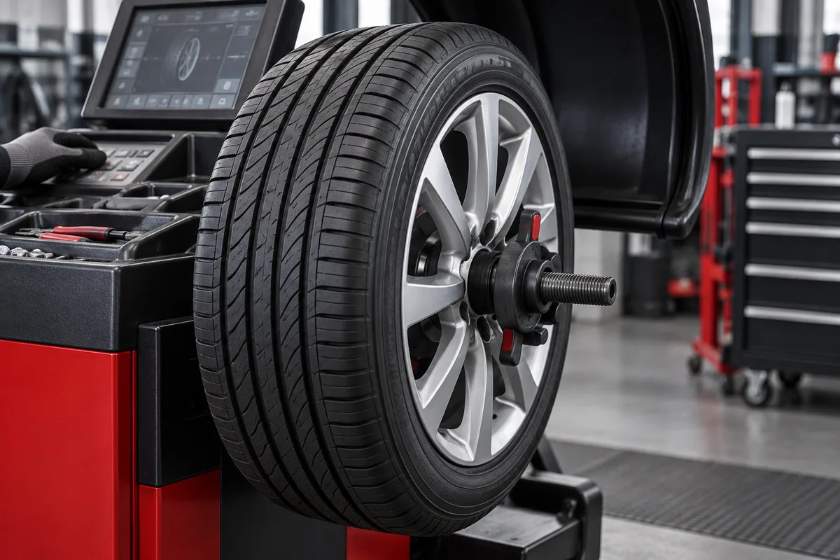 Tire and wheel on balancing equipment