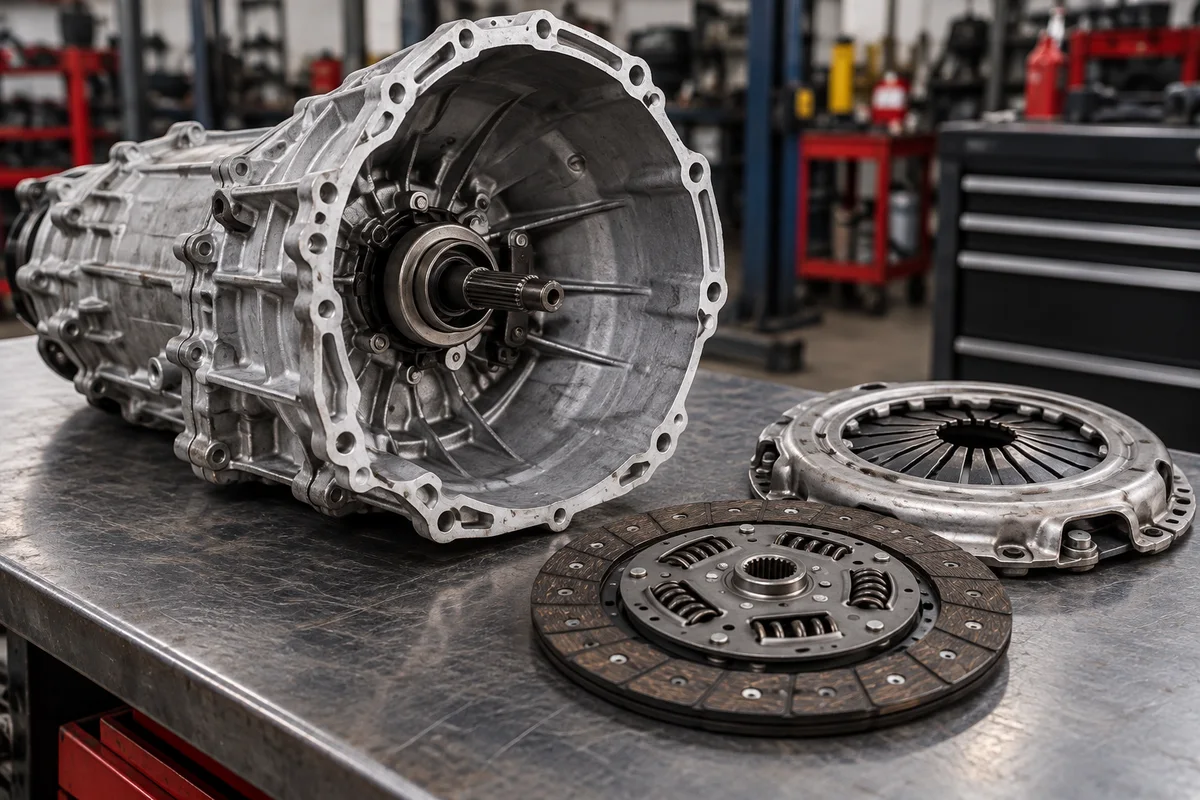 Transmission and clutch components on a workshop bench